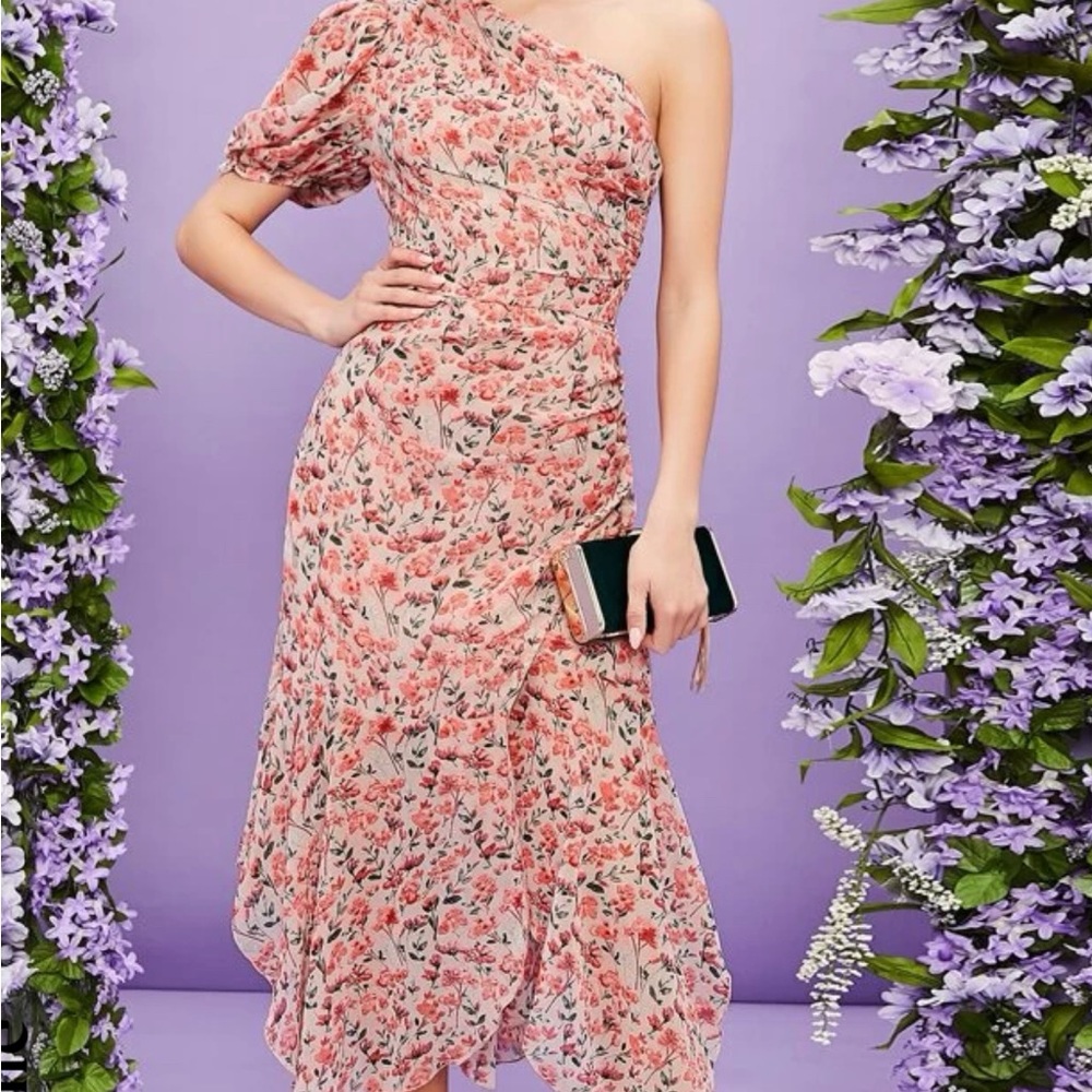 One Shoulder Ruched Ruffle Hem Pink Floral Dress